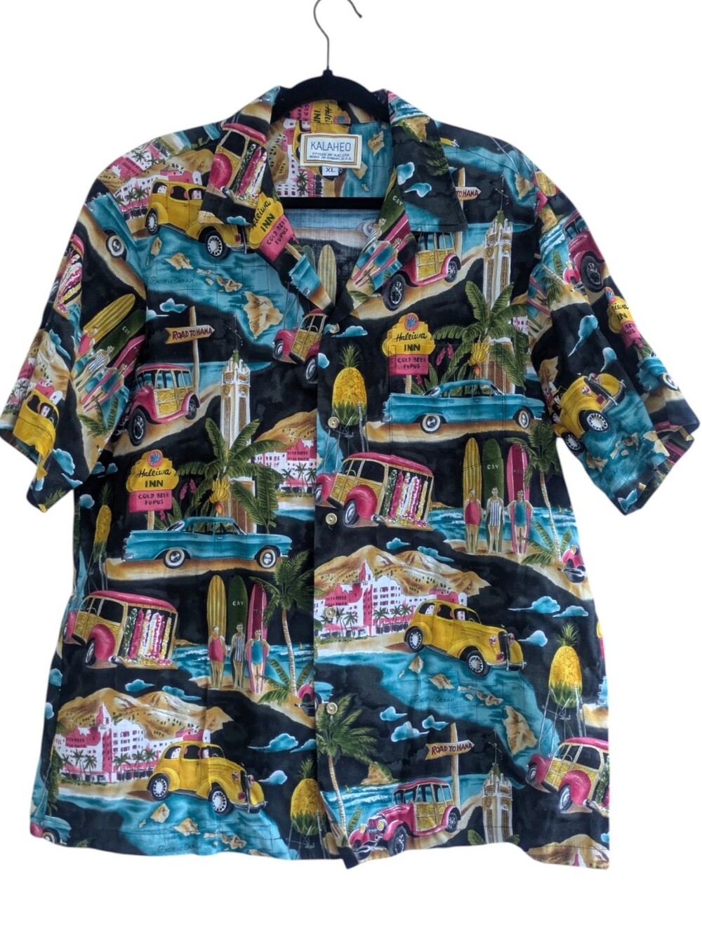 Kalaheo Hawaiian Surfer Woody Classic Car Print Button Shirt